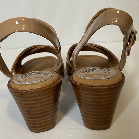Sofft Gabella Wedge Sandals Sz 7.5 Beige Patent Leather Open Toe Ankle Strap - Picture 7 of 16